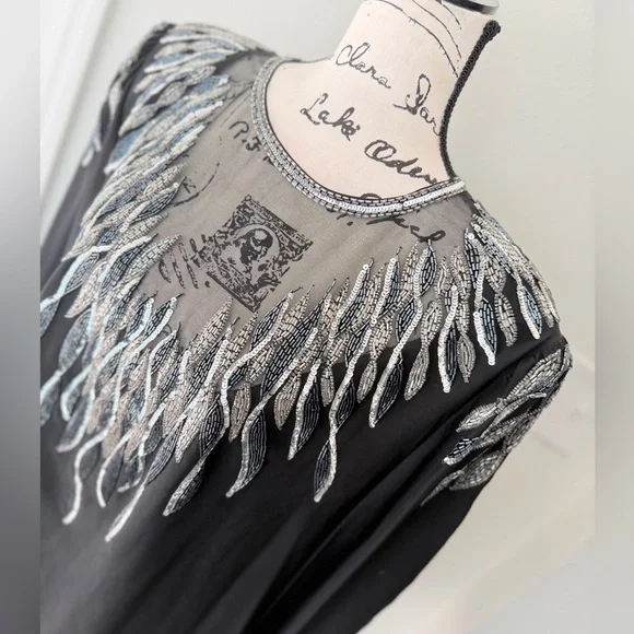 Vtg 90’s Argenti Blouse Mesh 100%Silk Beaded Black Embellished Sz 3XL Whimsigoth - Picture 3 of 16